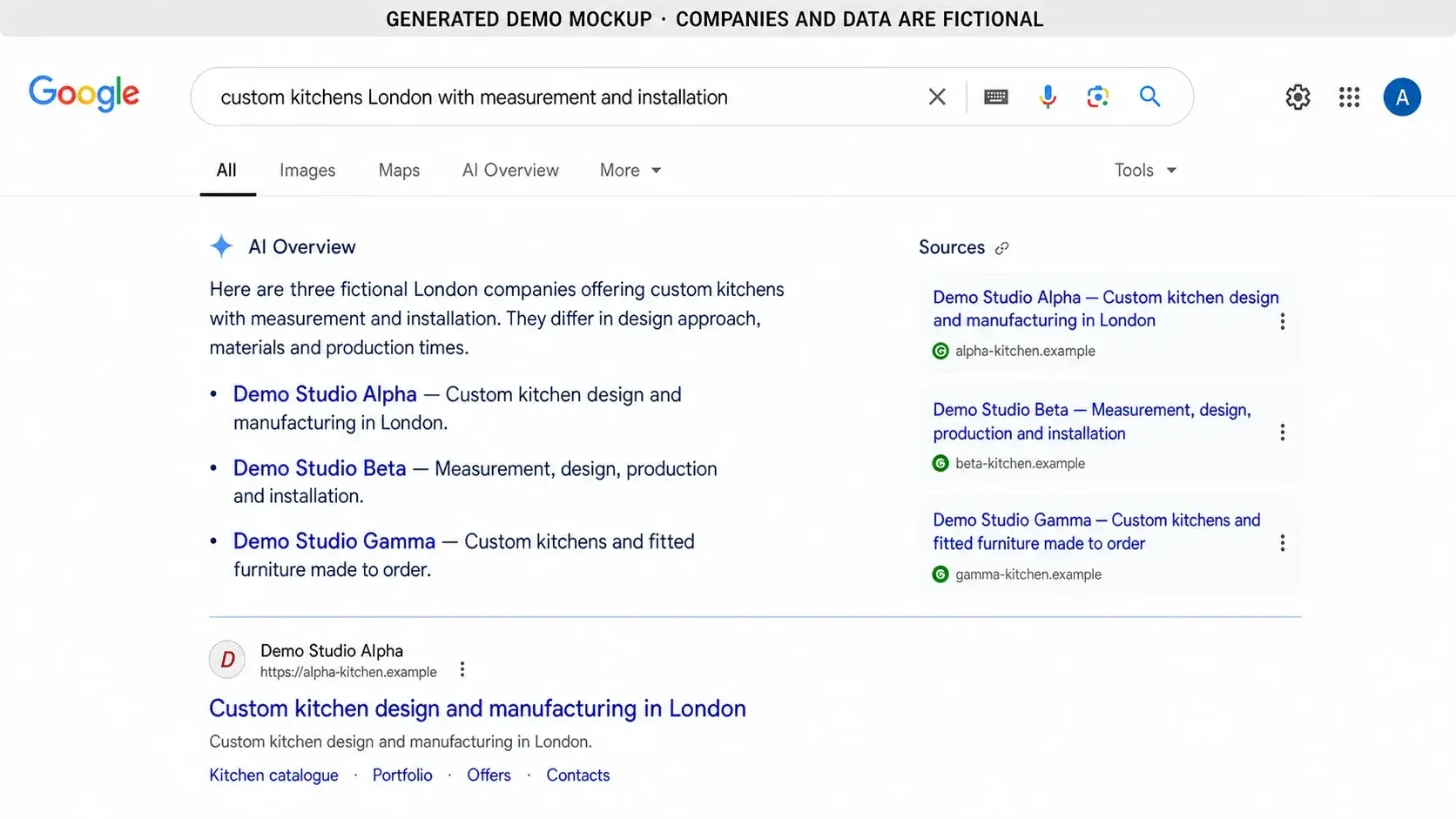 Generated Google AI Overview mockup with a shortlist of local custom-kitchen companies