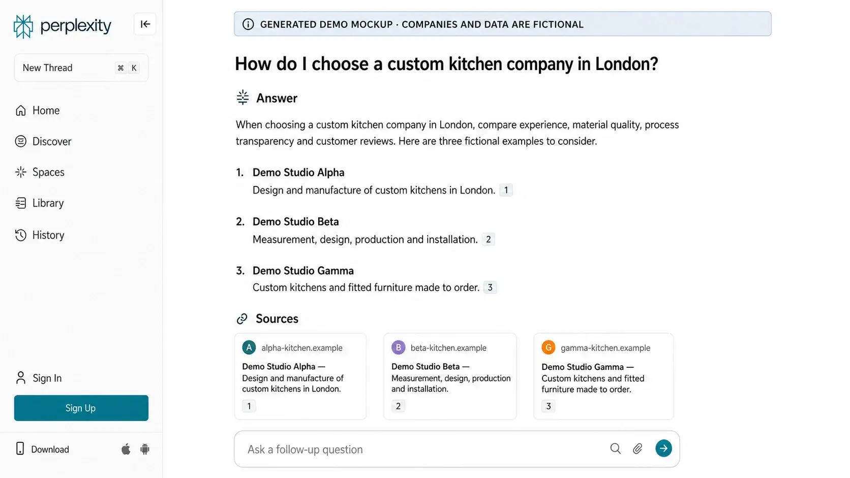 Generated Perplexity interface mockup with a shortlist of custom-kitchen companies and sources
