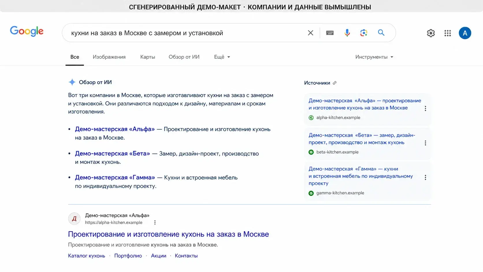 Сгенерированный макет Google AI Overview со списком локальных компаний