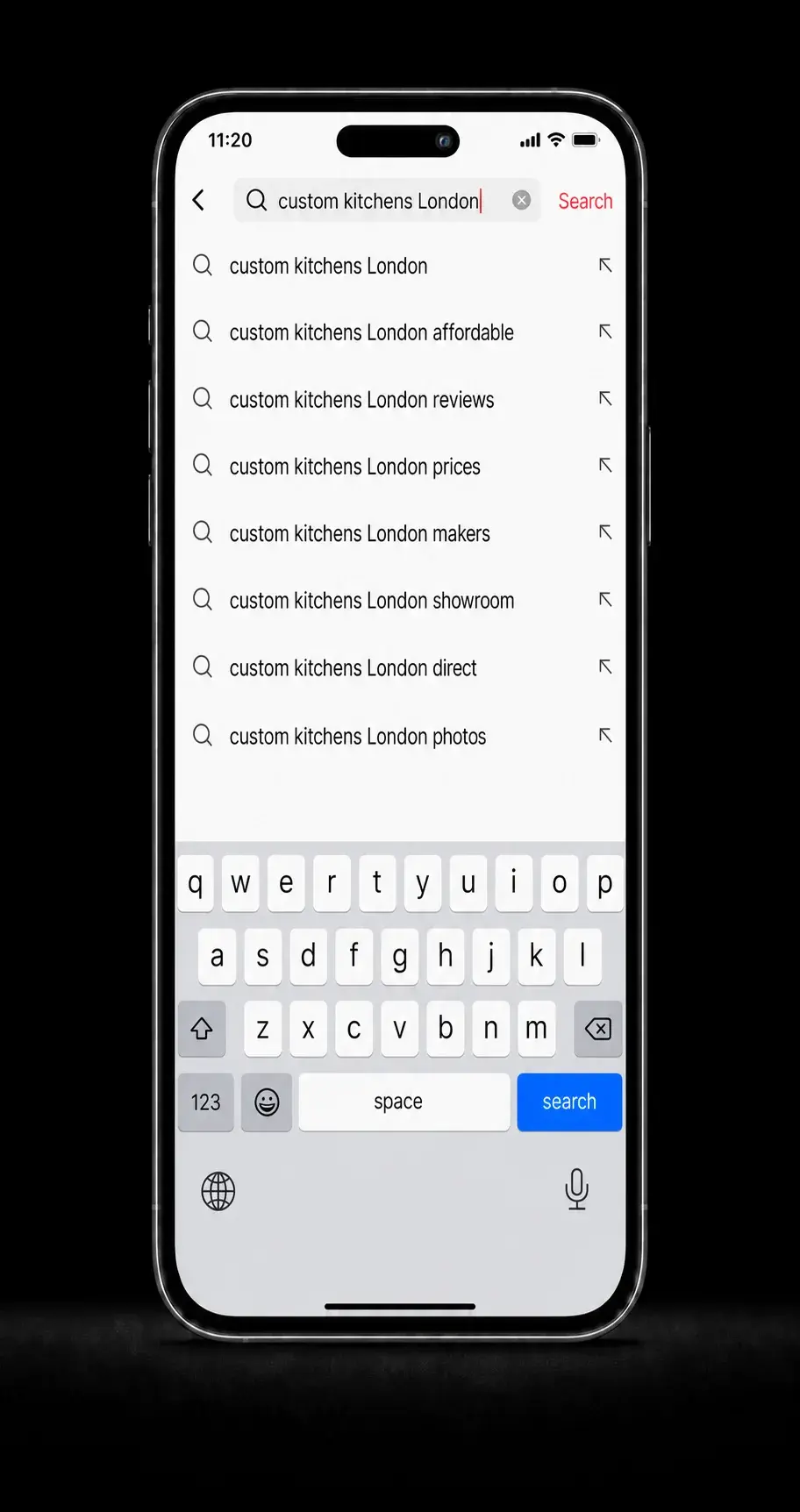 Native social media screen with a search query for custom kitchens in London