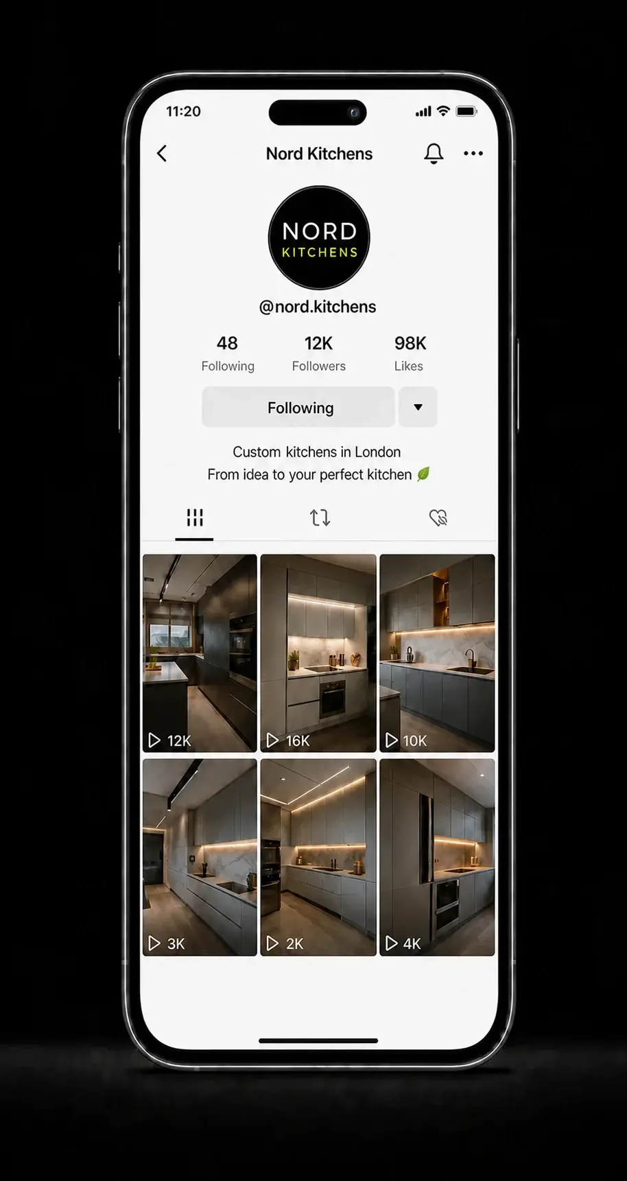 Native custom kitchen studio profile showing the following state
