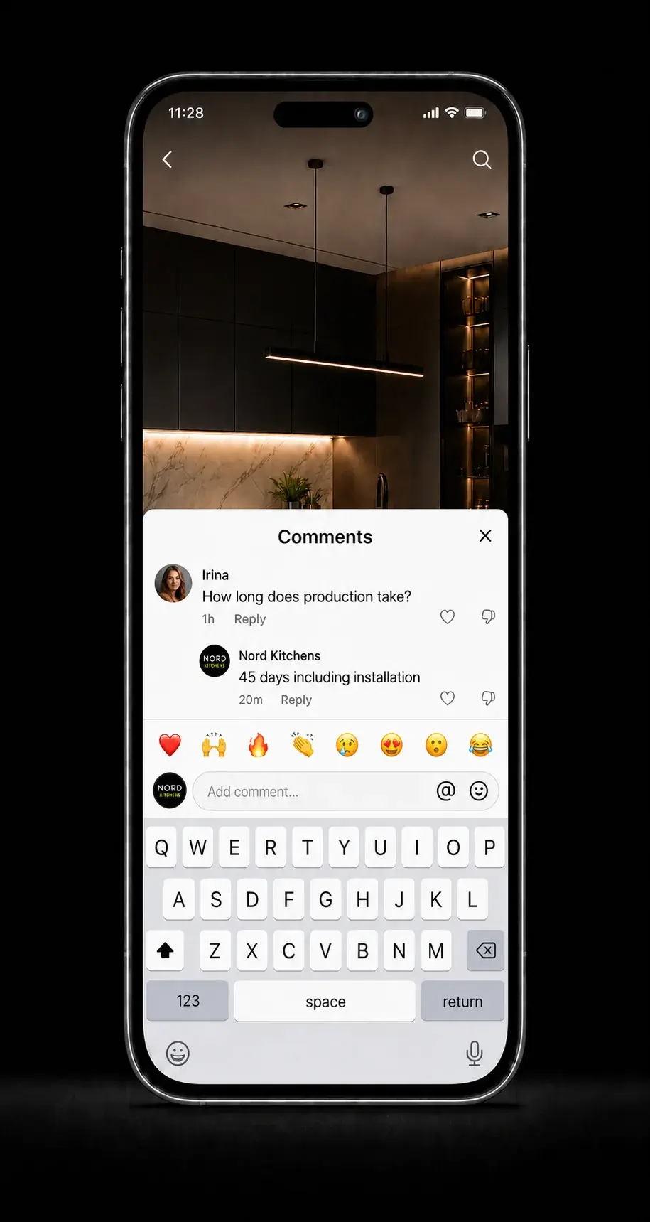 Native social media comments with a question about custom kitchen production time