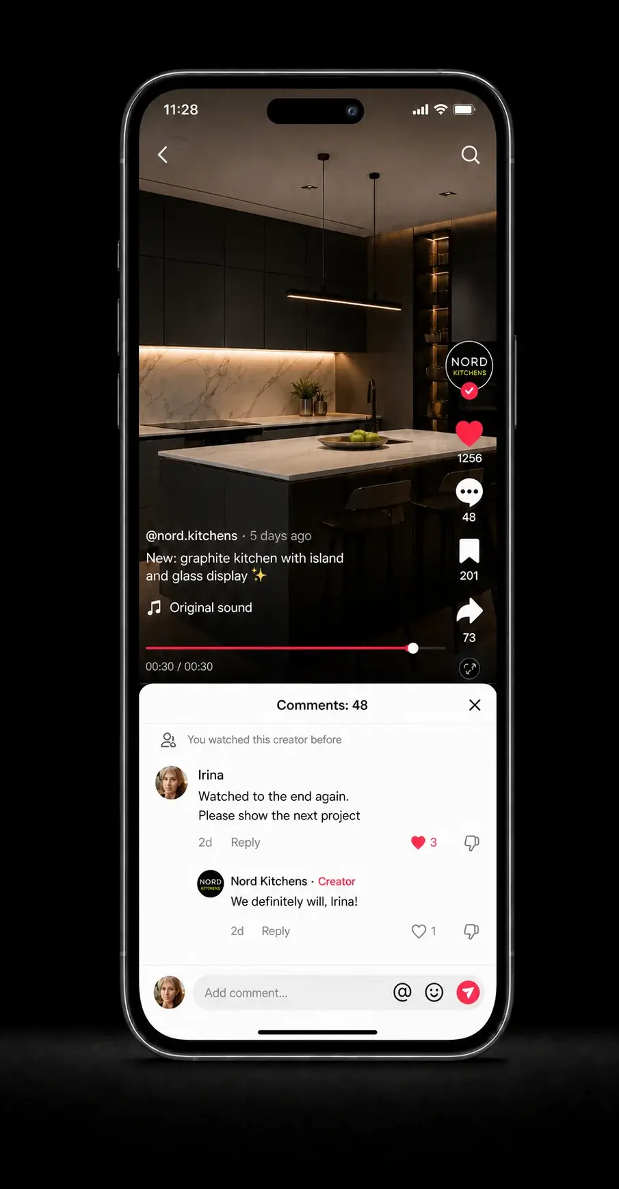 The same follower returning to engage with a new custom kitchen studio video